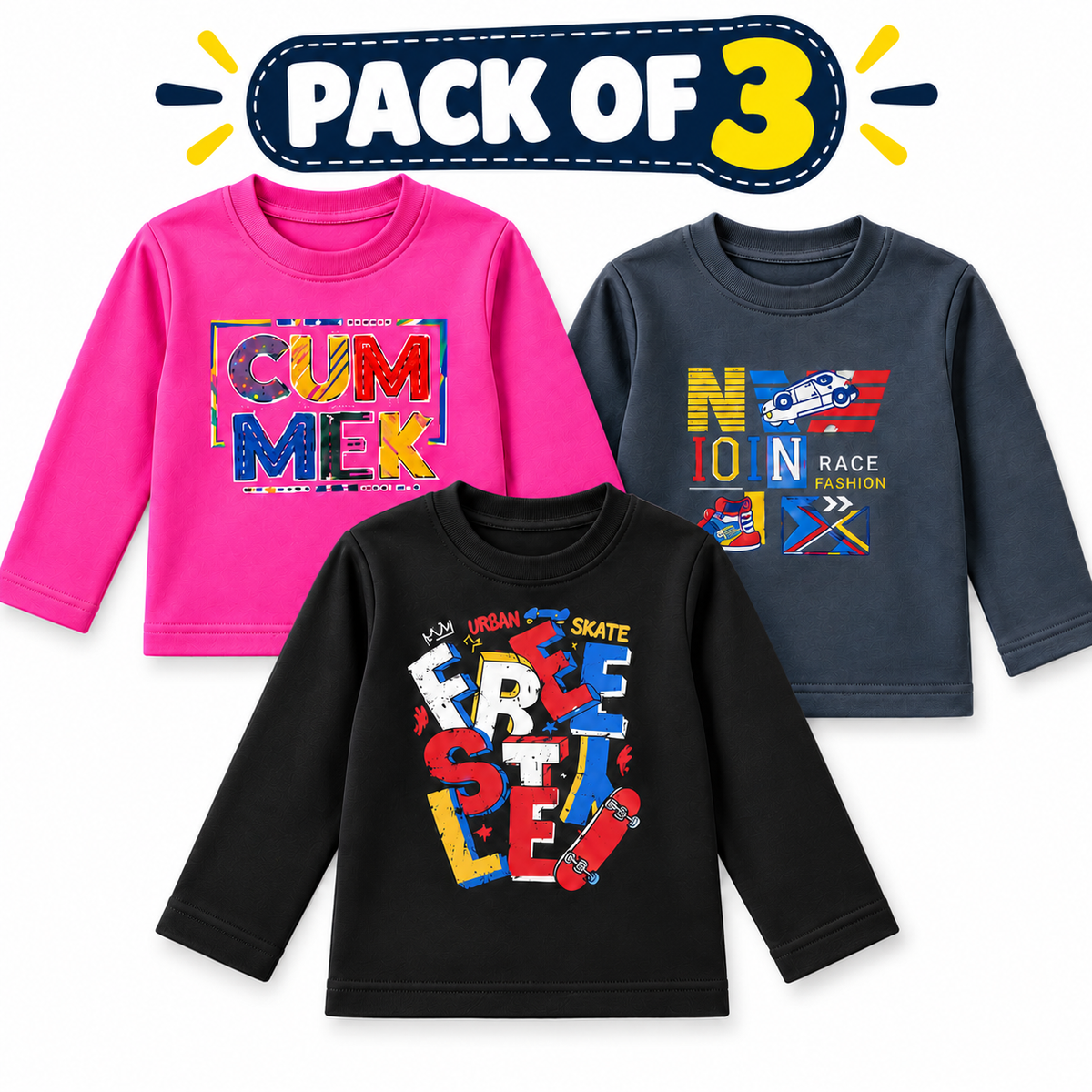 Pack of 3 Kids fleece  Full Sleeve T-Shirts – Printed Cotton Sweatshirts - hover image