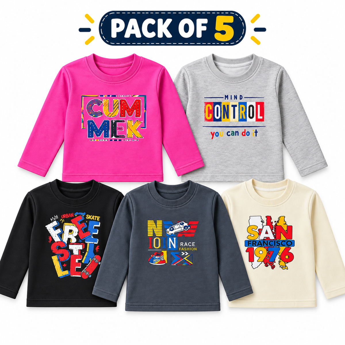 Pack of 5 Kids fleece  Full Sleeve T-Shirts – Printed Cotton Sweatshirts