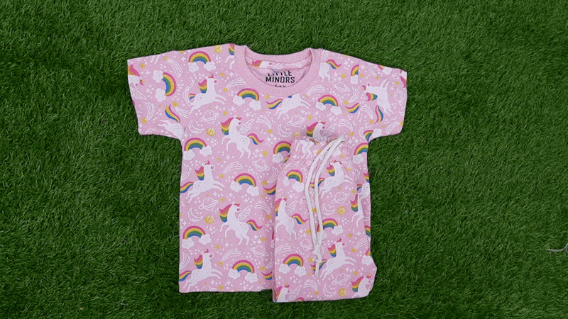 Kids Jersey Cotton Night Suit Horse Print - Pink