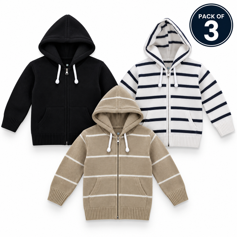 Pack of 3 Kids Wool Hooded Sweater Boys & Girls Winter Zip-Up