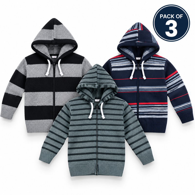 Pack of 3 Kids Wool Hooded Sweater Boys & Girls Winter Zip-Up