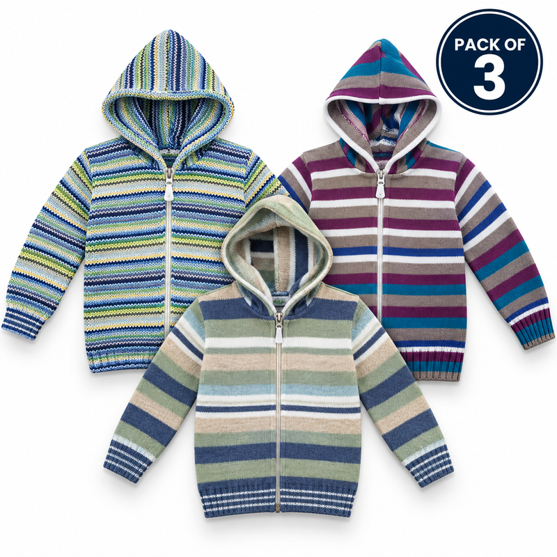 Pack of 3 Kids Wool Hooded Sweater Boys & Girls Winter Zip-Up
