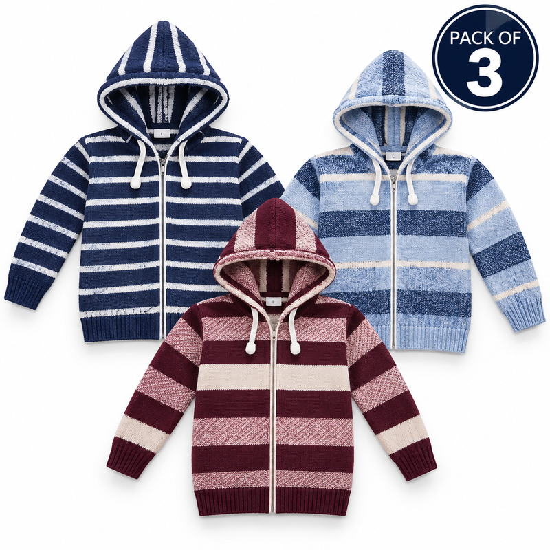 Pack of 3 Kids Wool Hooded Sweater Boys & Girls Winter Zip-Up