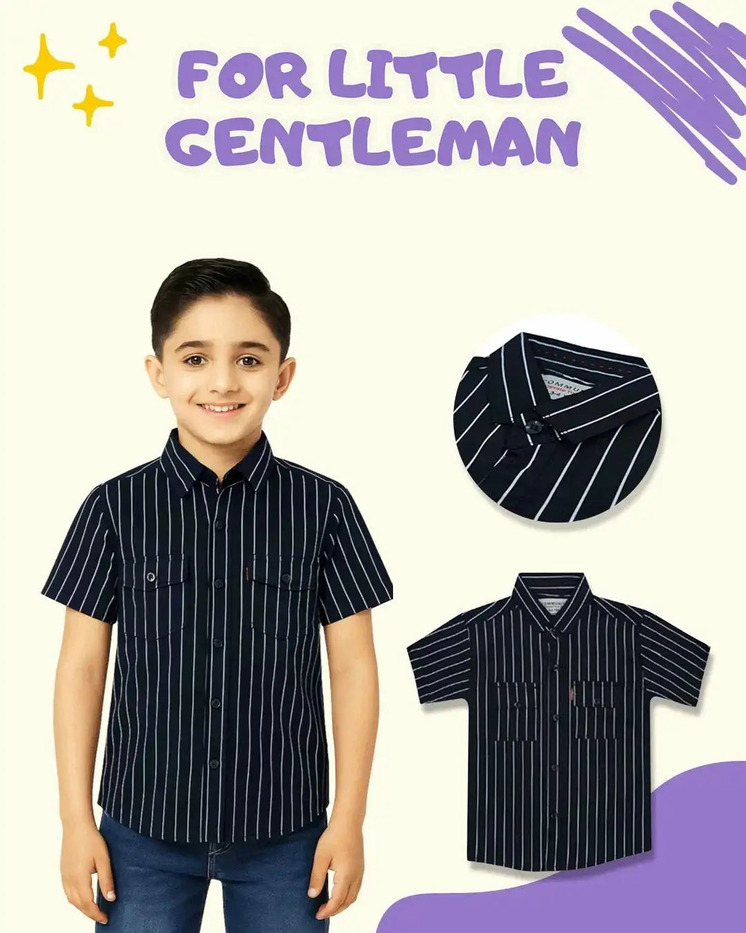 Smiling boy wearing black short-sleeve striped shirt and jeans, kidswear fashion.