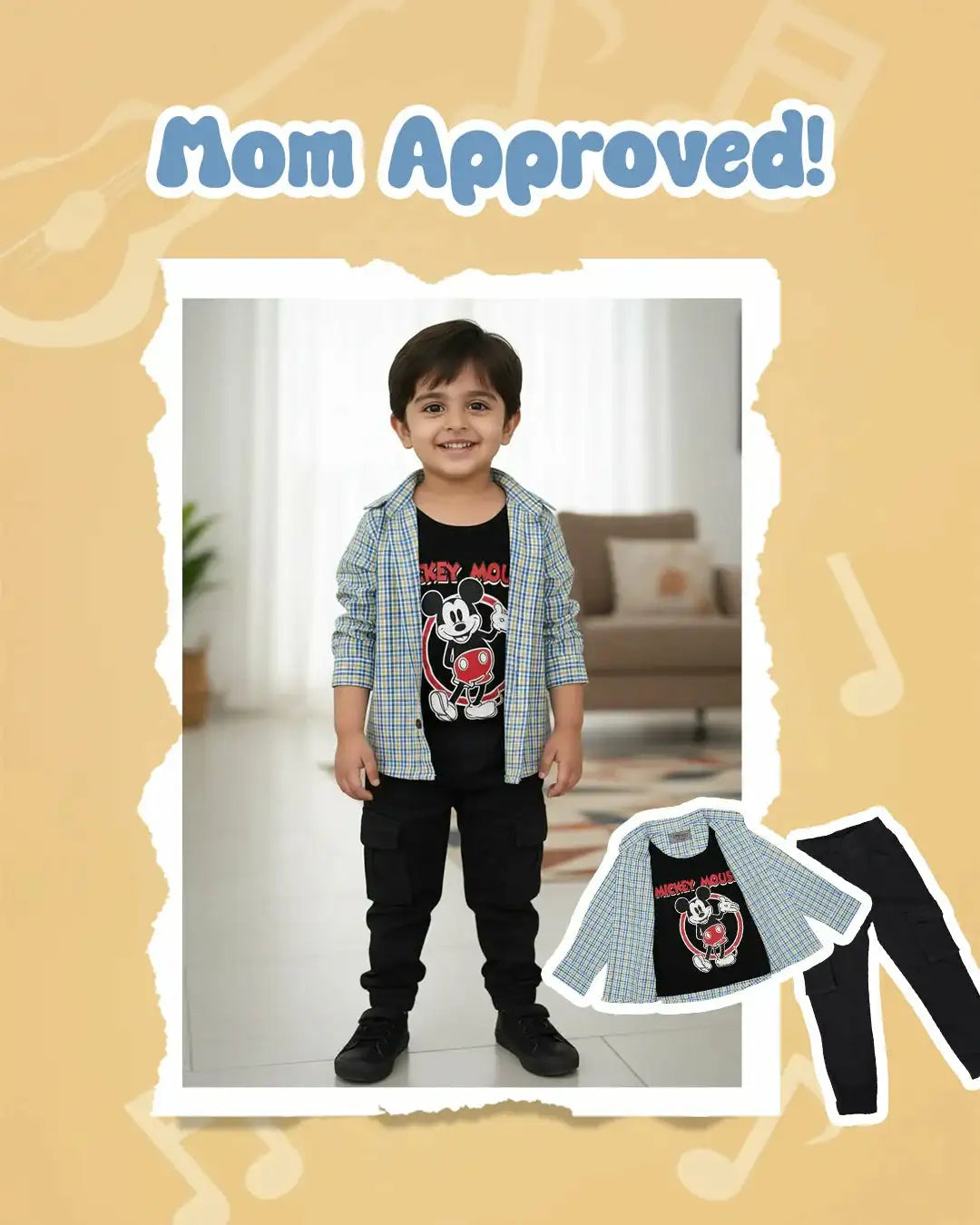 Smiling boy in a Mickey Mouse t-shirt, plaid shirt, and black cargo pants for kids
