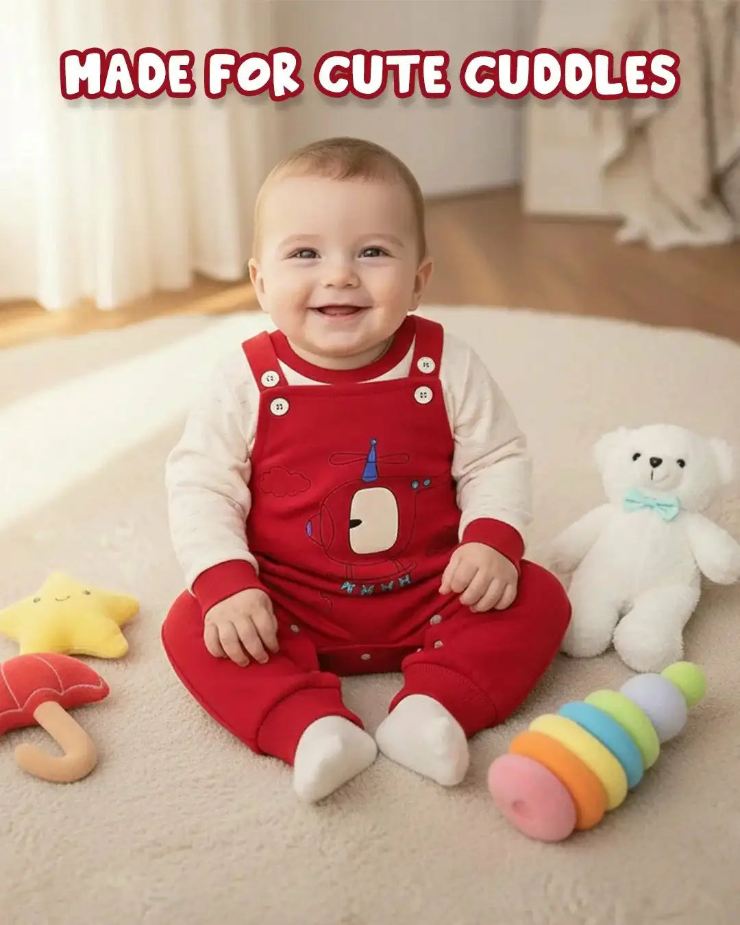 Smiling baby in red romper with helicopter print, surrounded by plush toys and text 'Made for Cute Cuddles'.