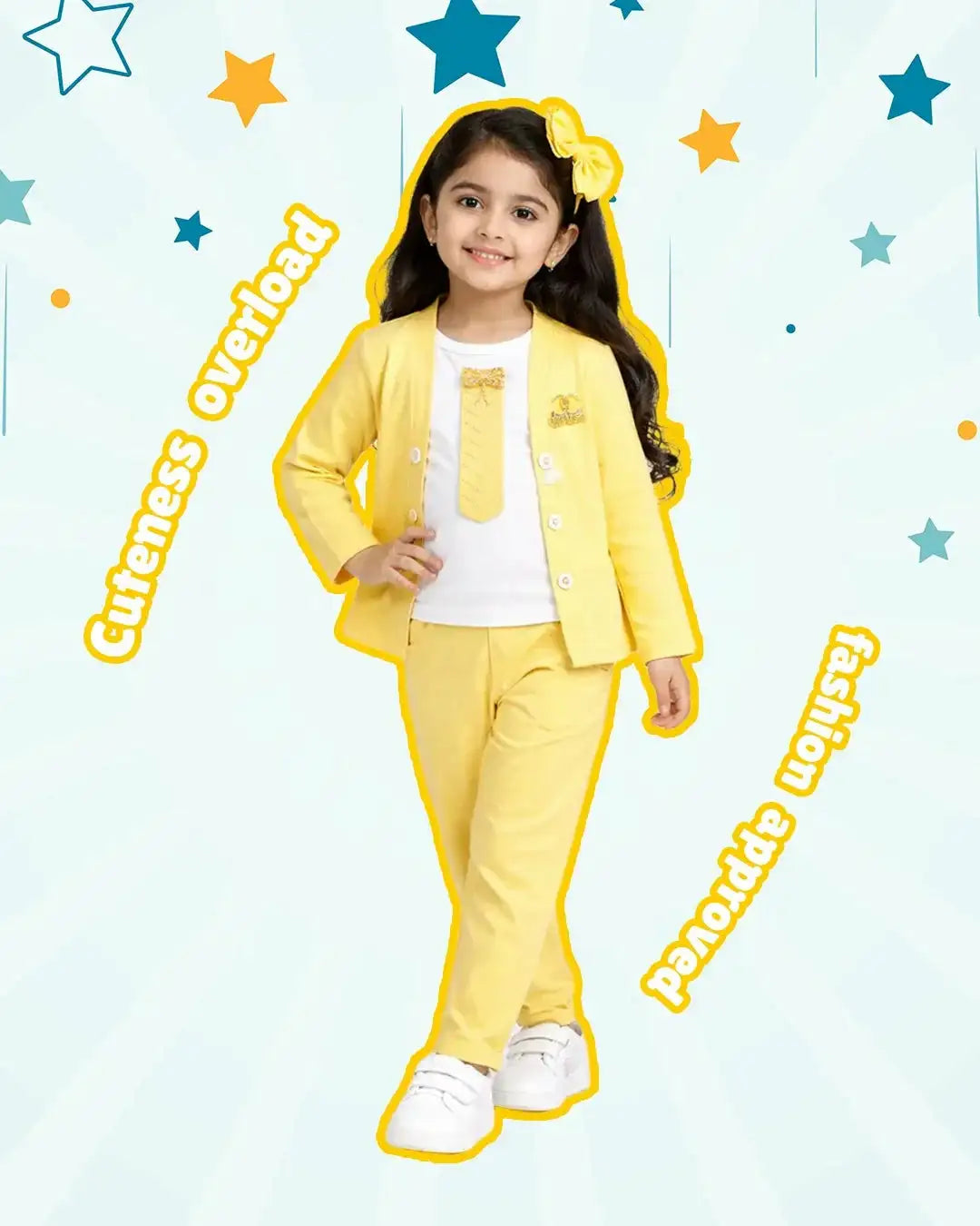 Smiling girl wearing yellow cardigan, pants, and headband, kids fashion outfit, star background