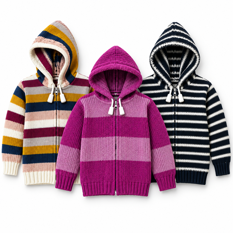 Pack of 3 Kids Wool Hooded Sweater Boys & Girls Winter Zip-Up