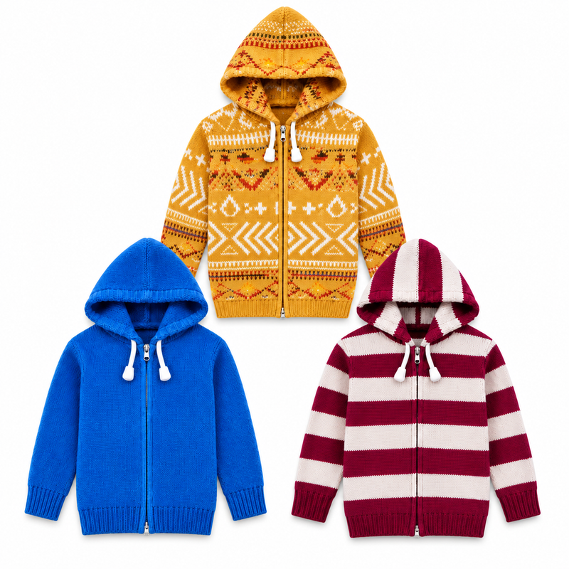 Pack of 3 Kids Wool Hooded Sweater Boys & Girls Winter Zip-Up