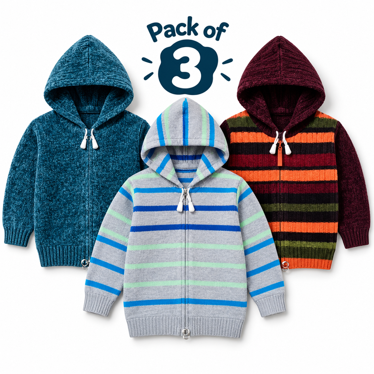 Pack of 3 Kids Wool Hooded Sweater Boys & Girls Winter Zip-Up