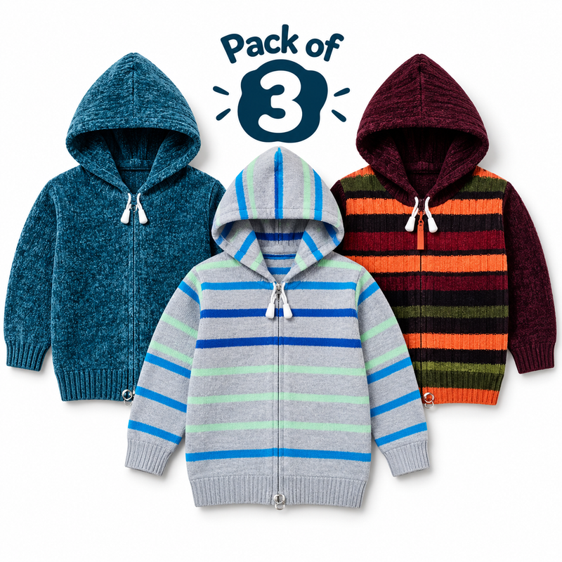 Pack of 3 Kids Wool Hooded Sweater Boys & Girls Winter Zip-Up