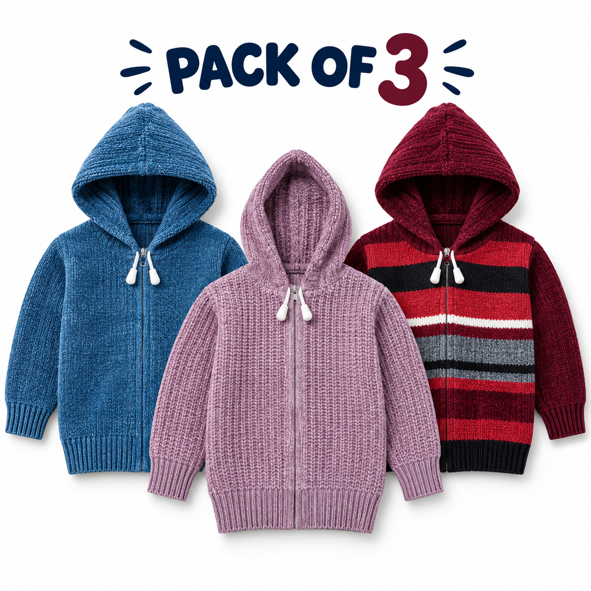 Pack of 3 Kids Wool Hooded Sweater Boys & Girls Winter Zip-Up - hover image