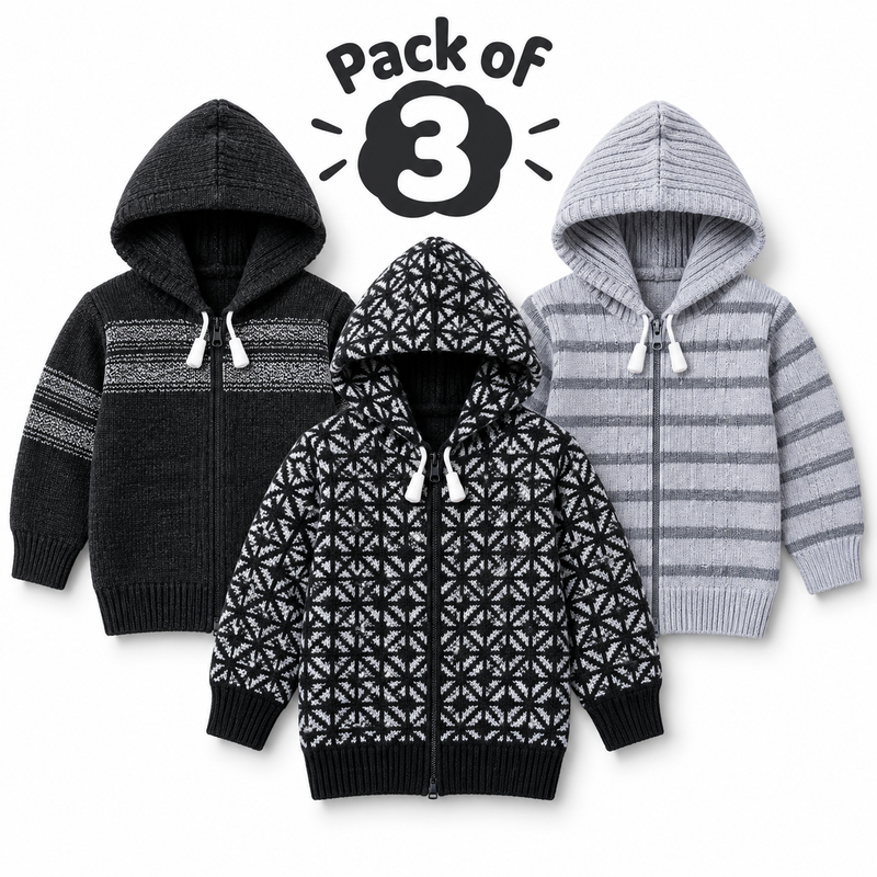 Pack of 3 Kids Wool Hooded Sweater Boys & Girls Winter Zip-Up