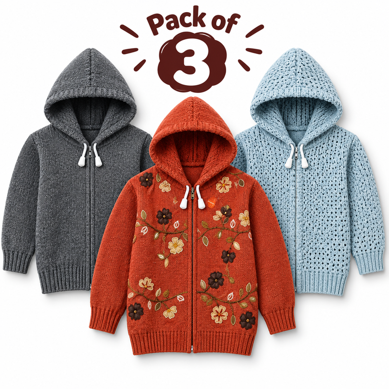 Pack of 3 Kids Wool Hooded Sweater Boys & Girls Winter Zip-Up
