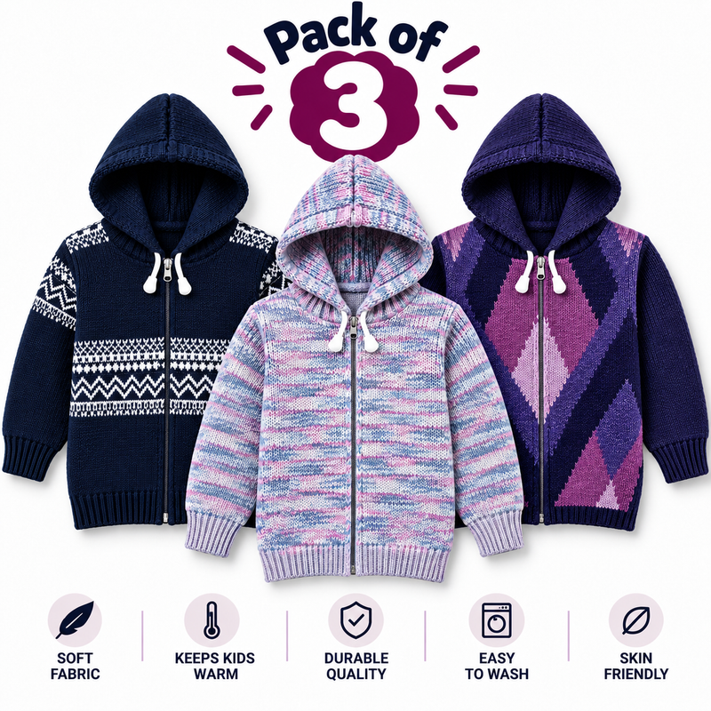 Pack of 3 Kids Wool Hooded Sweater Boys & Girls Winter Zip-Up