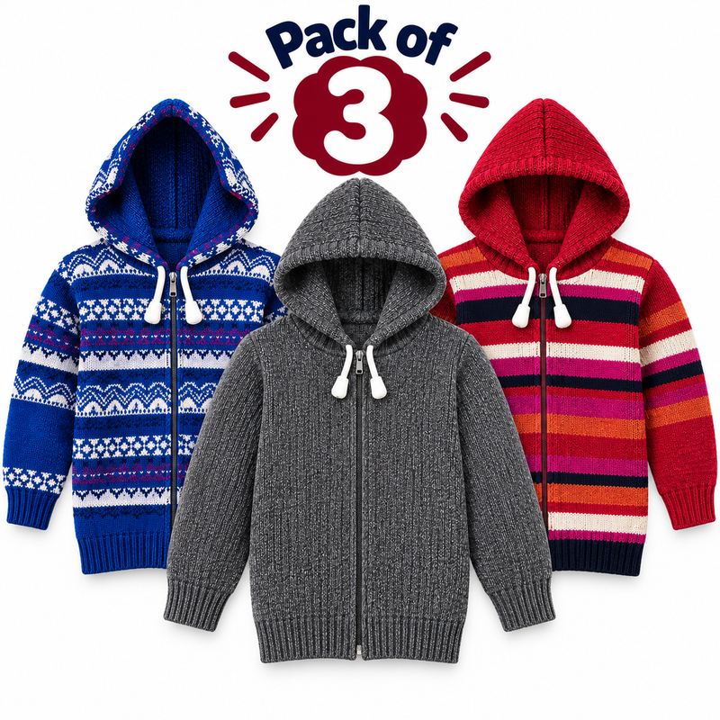 Pack of 3 Kids Wool Hooded Sweater Boys & Girls Winter Zip-Up