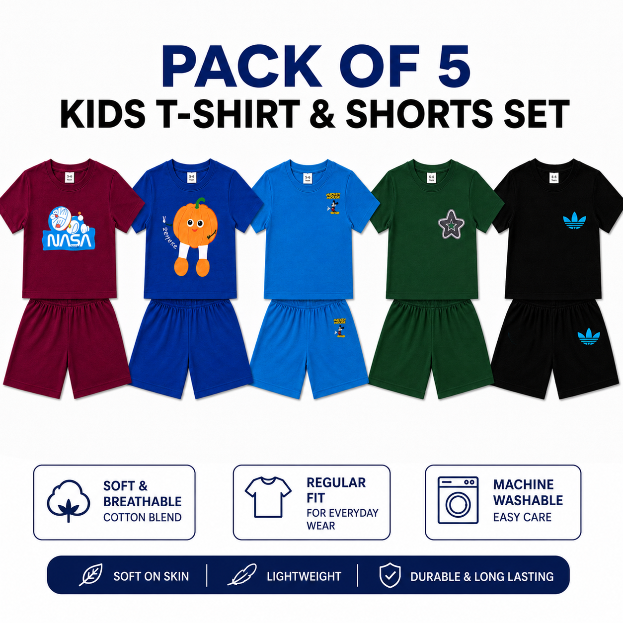 Pack of 5 Little Minors kids summer co-ord sets with soft cotton t-shirts and shorts for boys and girls, perfect for warm weather.