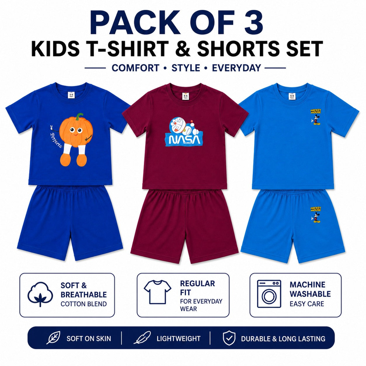 Pack of 3 kids summer co-ord sets by Little Minors featuring soft cotton T-shirts and shorts for boys and girls.
