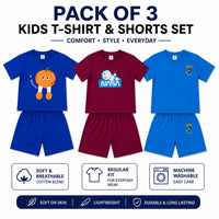 Pack of 3 kids summer co-ord sets by Little Minors featuring soft cotton T-shirts and shorts for boys and girls.