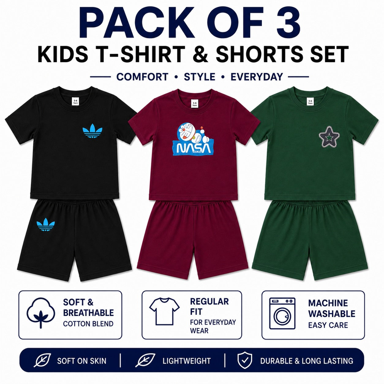 Pack of three kids summer co-ord sets by Little Minors, featuring soft cotton T-shirts and shorts for boys and girls.