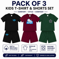 Pack of three kids summer co-ord sets by Little Minors, featuring soft cotton T-shirts and shorts for boys and girls.