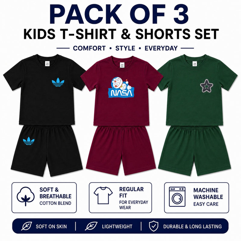 Pack of three kids summer co-ord sets by Little Minors, featuring soft cotton T-shirts and shorts for boys and girls.