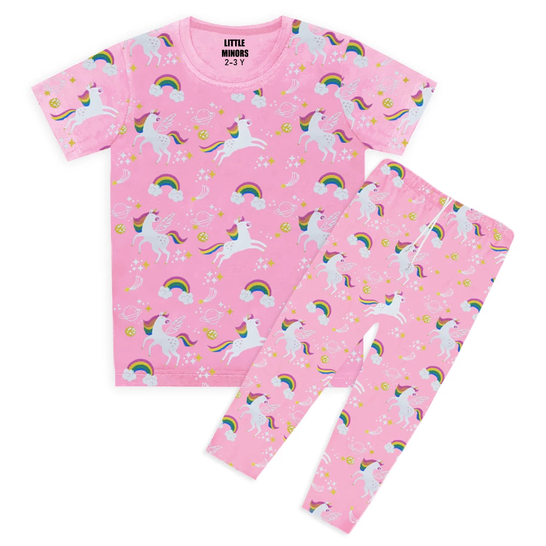Kids Jersey Cotton Night Suit Horse Print - Pink