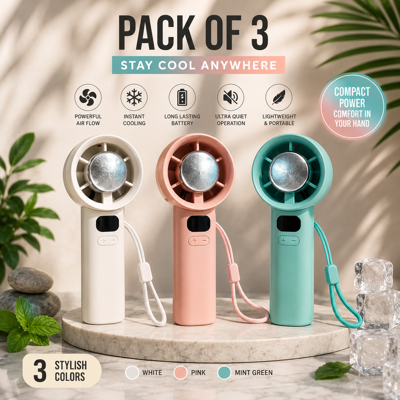 Pack of 3 portable mini handheld USB rechargeable fans in white, pink, and mint green with digital display and powerful turbo airflow.