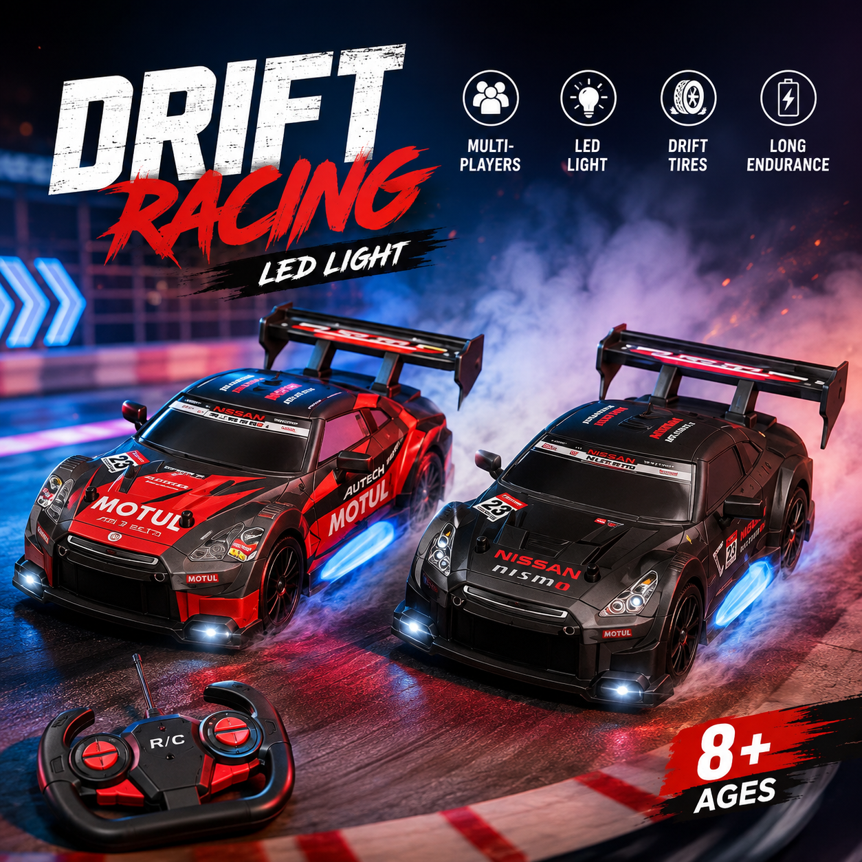 High-speed RC drift racing car with LED lights, rechargeable battery, and 2.4GHz remote control for kids aged 8 years and above.
