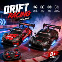High-speed RC drift racing car with LED lights, rechargeable battery, and 2.4GHz remote control for kids aged 8 years and above.