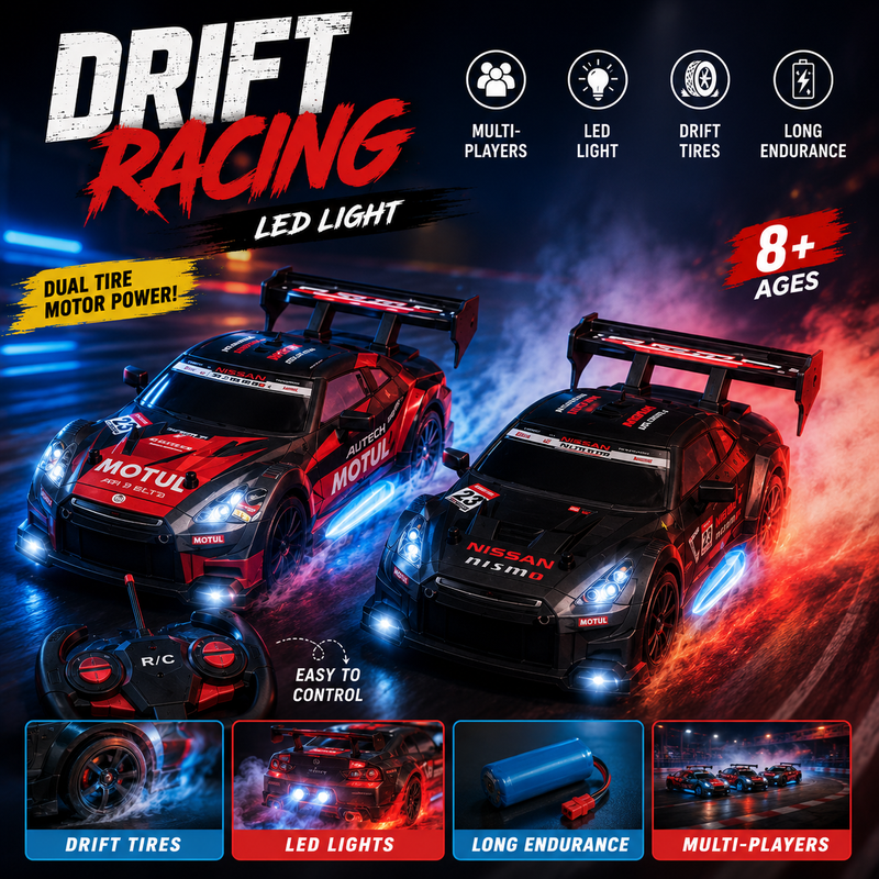 High-speed RC drift racing car with LED lights, rechargeable battery, and 2.4GHz remote control for kids aged 8 years and above.