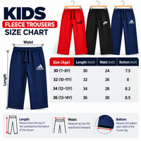 Little Minors kids fleece baggy trousers in various sizes, showing warm, cozy winter trousers with elastic waistbands and soft fleece fabric.