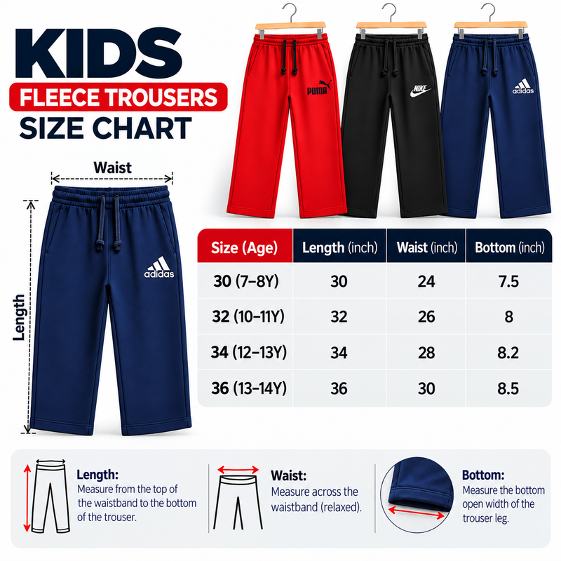 Little Minors kids fleece baggy trousers in various sizes, showing warm, cozy winter trousers with elastic waistbands and soft fleece fabric.