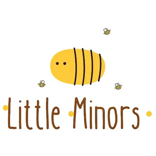 Yellow cartoon bee with the text Little Minors and small bees, kidswear logo design