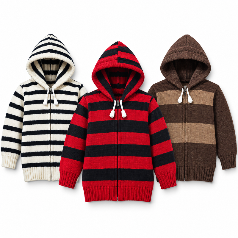 Pack of 3 Kids Wool Hooded Sweater Boys & Girls Winter Zip-Up