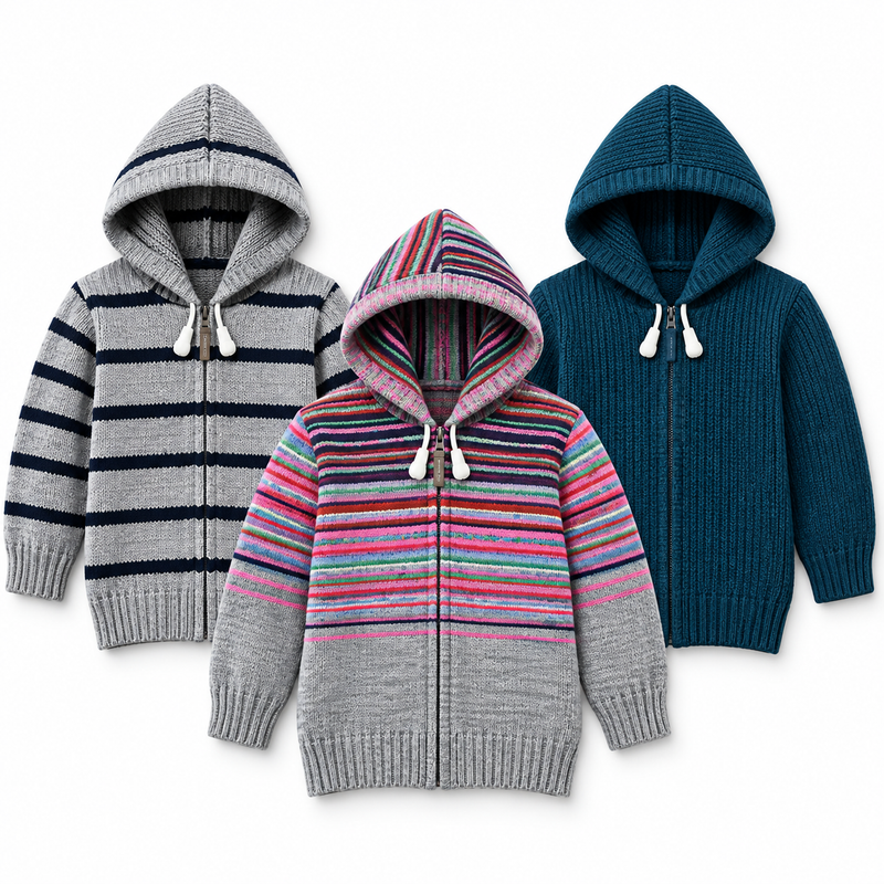 Pack of 3 Kids Wool Hooded Sweater Boys & Girls Winter Zip-Up
