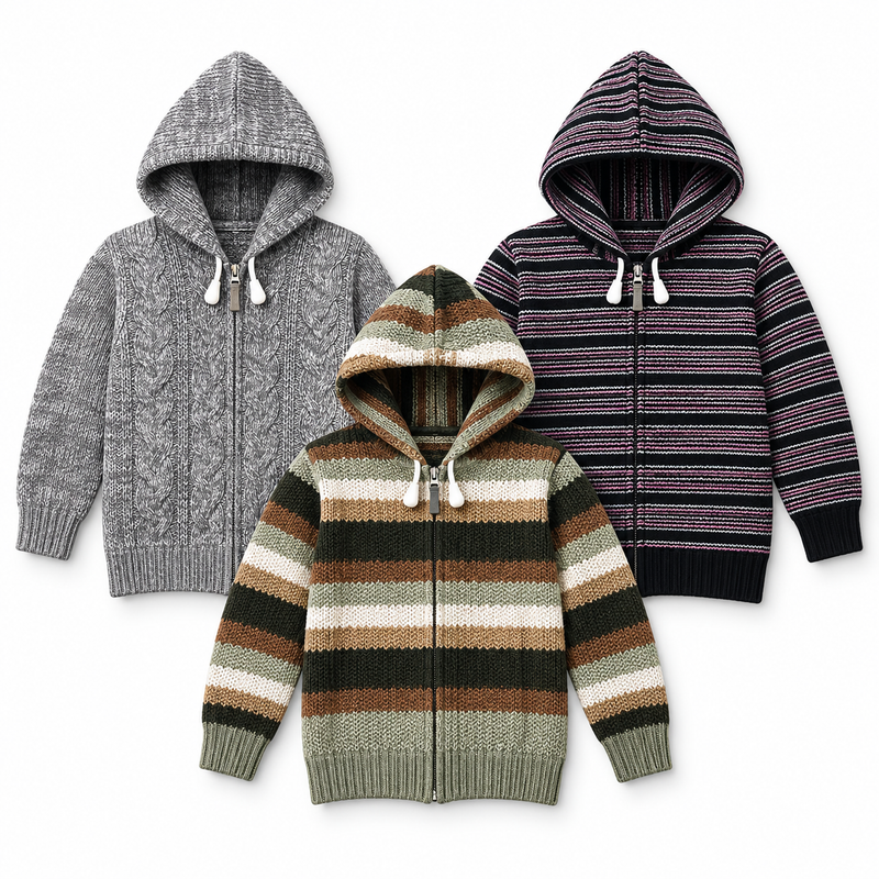 Pack of 3 Kids Wool Hooded Sweater Boys & Girls Winter Zip-Up