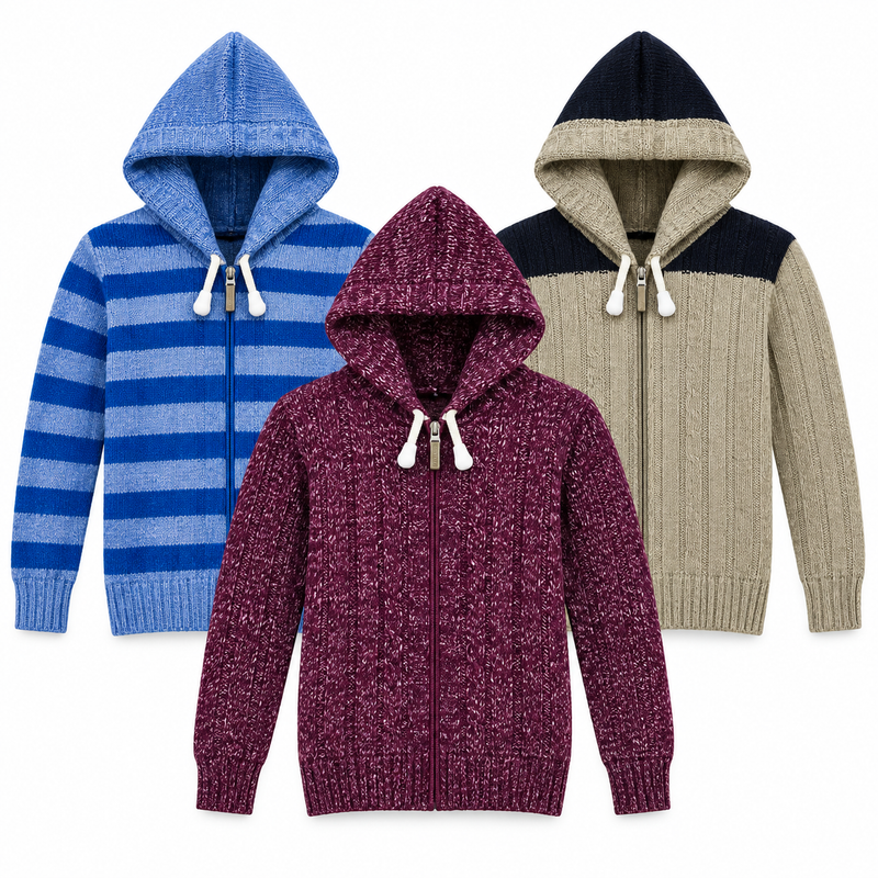 Pack of 3 Kids Wool Hooded Sweater Boys & Girls Winter Zip-Up