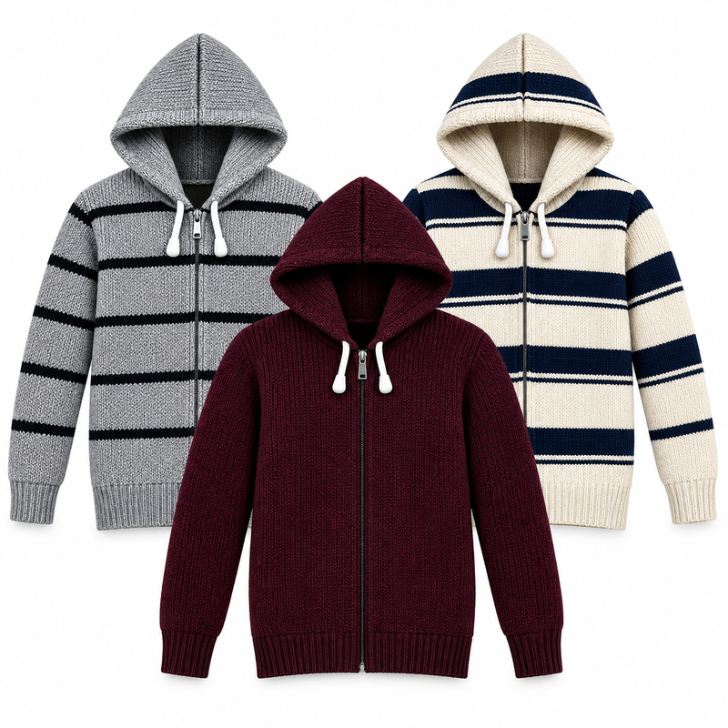 Pack of 3 Kids Wool Hooded Sweater Boys & Girls Winter Zip-Up