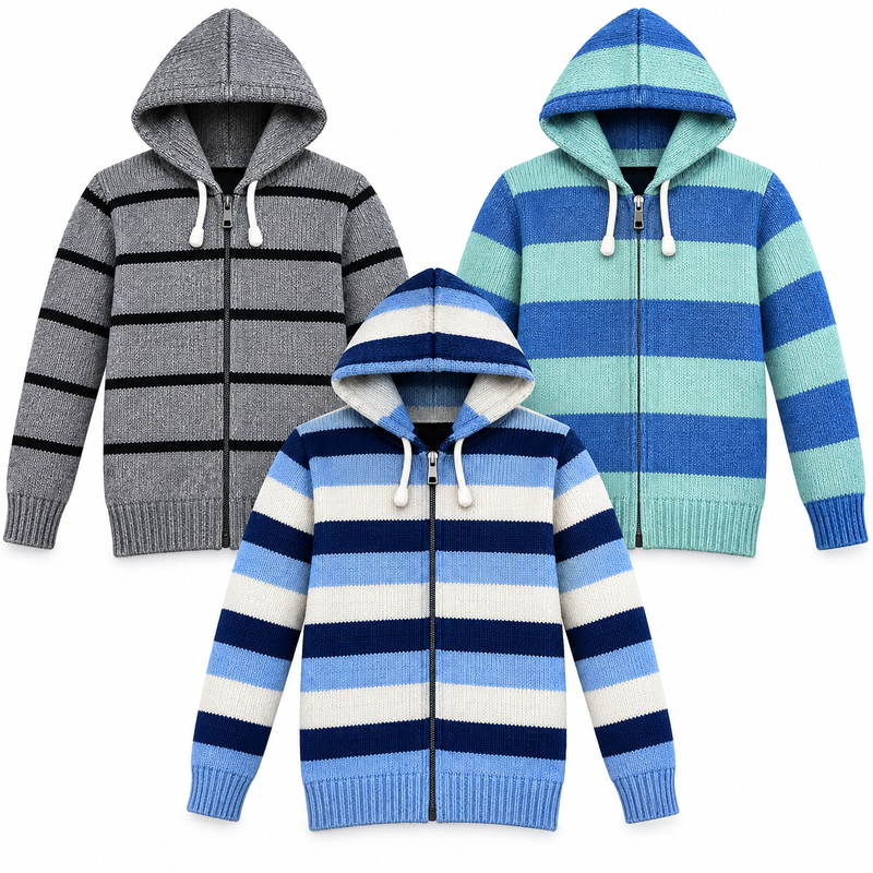 Pack of 3 Kids Wool Hooded Sweater Boys & Girls Winter Zip-Up